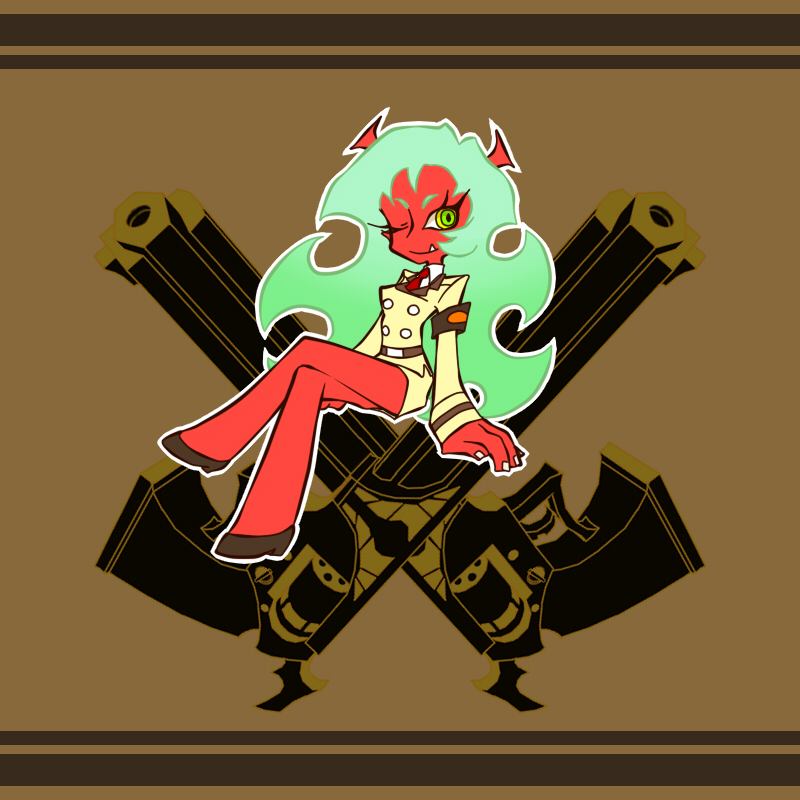 bad_id crossed_legs demon_girl double_gold_lacytanga fang green_hair gun handgun horns necktie official_style panty_&amp;_stocking_with_garterbelt red_skin revolver rinnet scanty scanty_(psg) sitting skirt smile solo uniform weapon wink