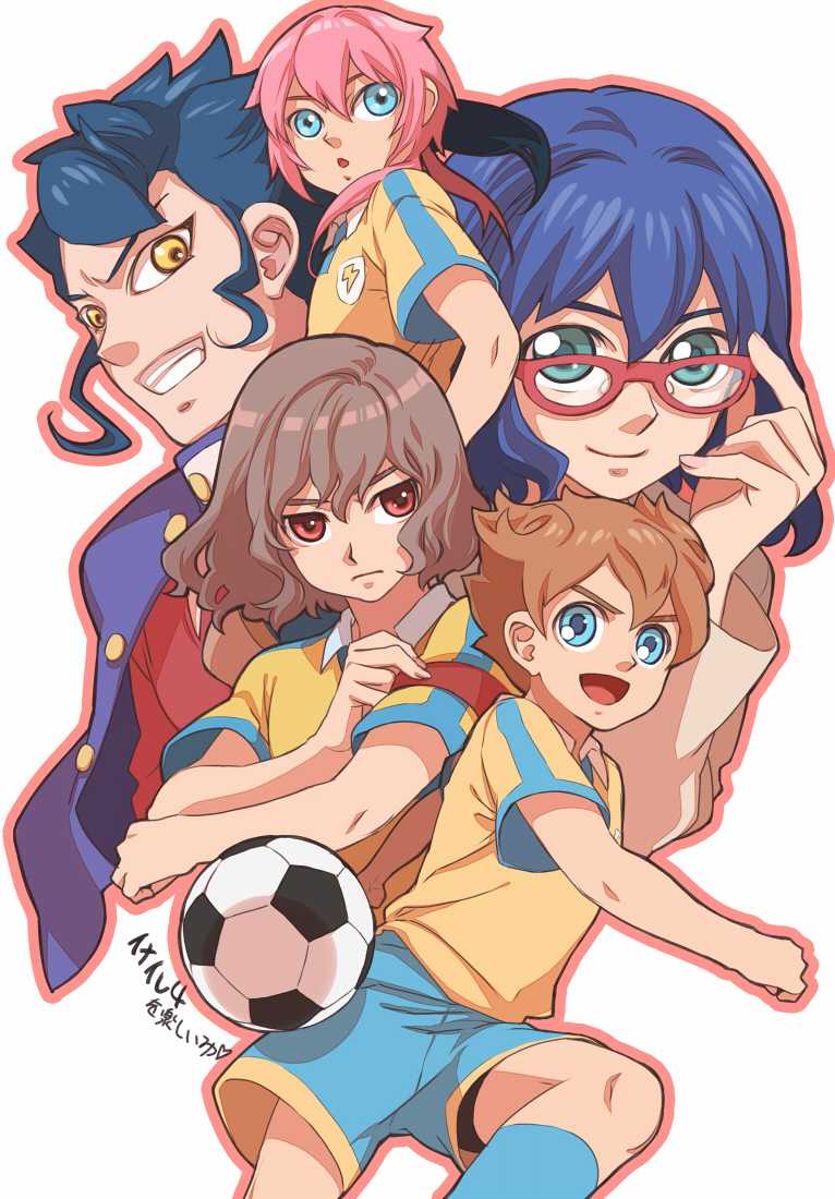 ball blue_eyes blue_hair brown_eyes brown_hair face glasses grin hands inazuma_eleven inazuma_eleven_(series) inazuma_eleven_go kirino_ranmaru lizzydom matsukaze_tenma otonashi_haruna pink_hair shindou_takuto short_hair smile soccer_ball soccer_uniform telstar tsurugi_kyousuke yellow_eyes