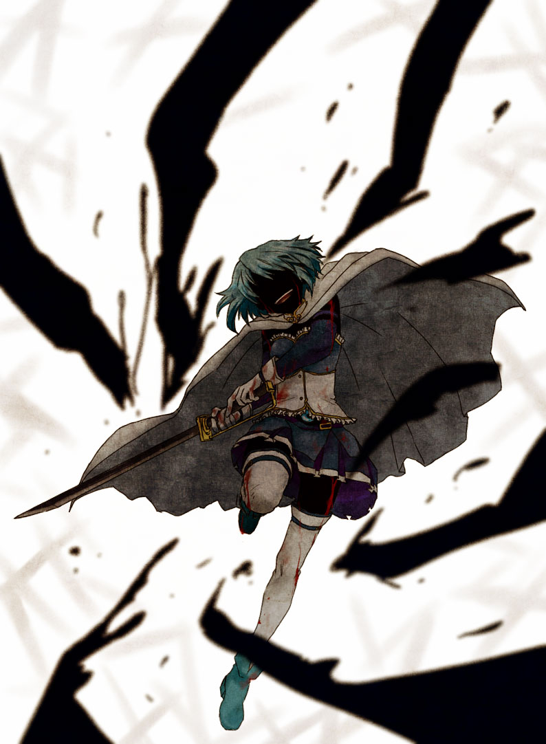 blood bloody_tears blue_hair cape gloves grin magical_girl mahou_shoujo_madoka_magica miki_sayaka oda_(ok3110) open_mouth short_hair skirt smile solo spoilers sword thigh-highs thighhighs weapon