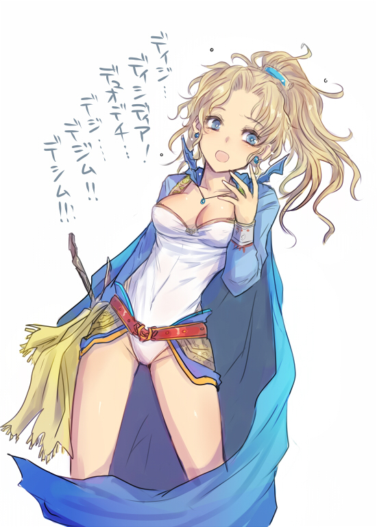 belt blonde_hair blue_eyes breasts cape cleavage color_(artist) dissidia_012_final_fantasy dissidia_final_fantasy duplicate earrings final_fantasy final_fantasy_vi jewelry kara_(color) leotard necklace open_mouth ponytail simple_background solo tina_branford translated translation_request