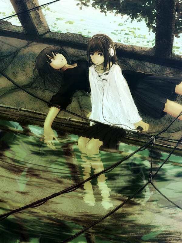 black_eyes black_hair cable copyright_request digital_media_player feet_in_water fish from_above headphones looking_at_viewer lying multiple_girls on_back power_lines short_hair sitting soaking_feet water yoshidaworks