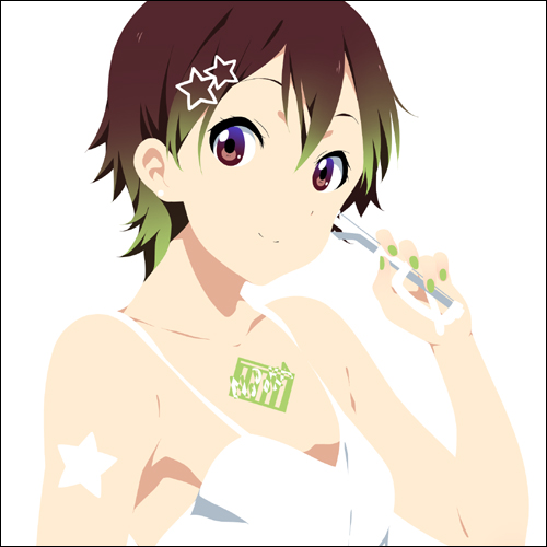 brown_hair glasses glasses_removed k-on! lowres manabe_nodoka mizuki_makoto nail_polish short_hair smile solo tattoo