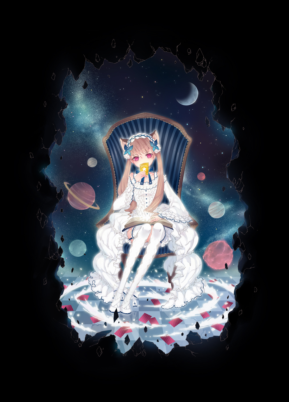 bad_id blonde_hair book card cards chair checkered checkered_floor covering covering_face covering_mouth crescent_moon floating_card gothic gothic_fashion hair_ornament highres holding holding_card hoshi_(little_stars+) hoshi_(pixiv14810) long_hair lying_card moon original pink_eyes planet sitting solo thigh-highs thighhighs very_long_hair wall white_legwear white_thighhighs