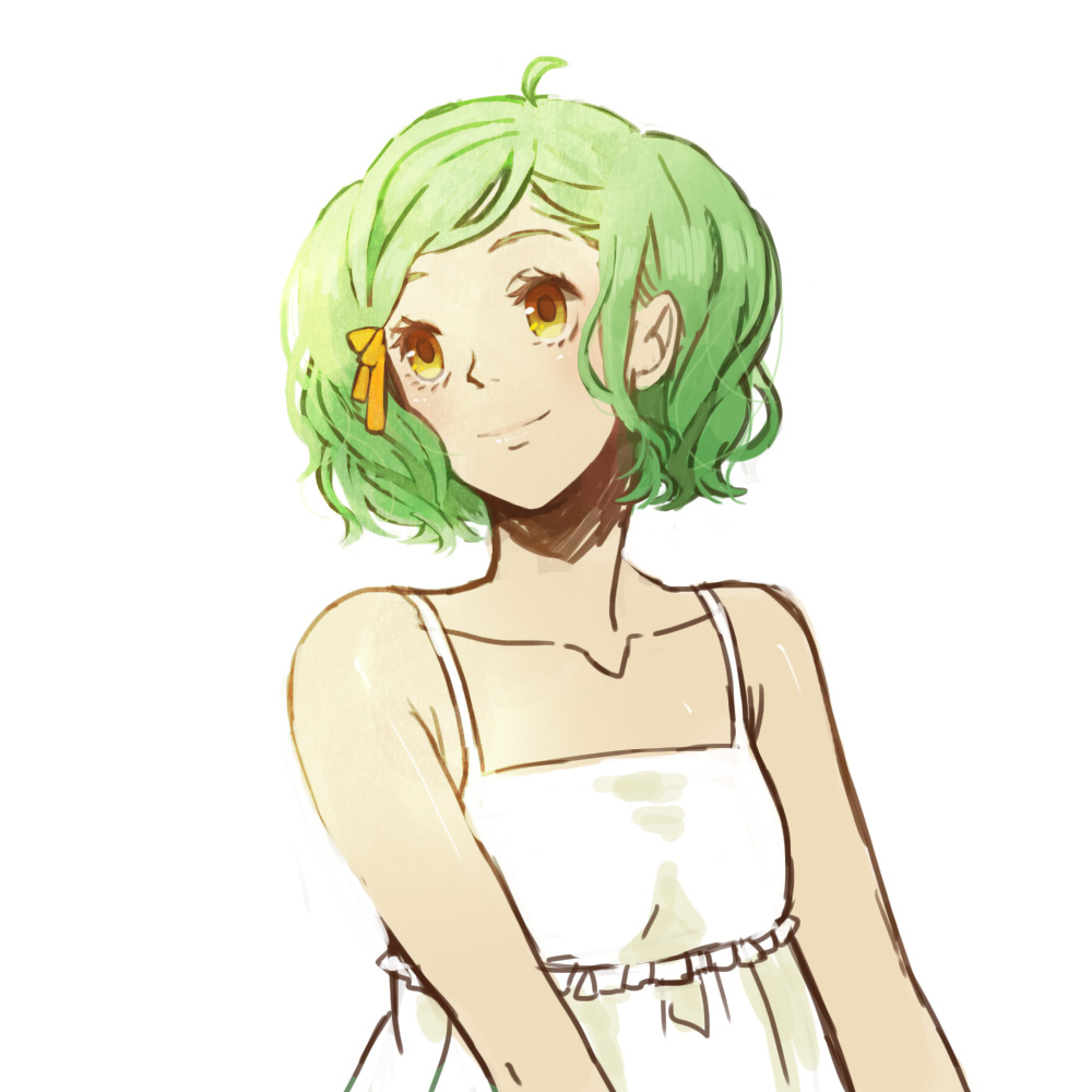 bare_shoulders dress green_hair hair_ribbon kurage looking_away macross macross_frontier ranka_lee ribbon short_hair smile solo sundress