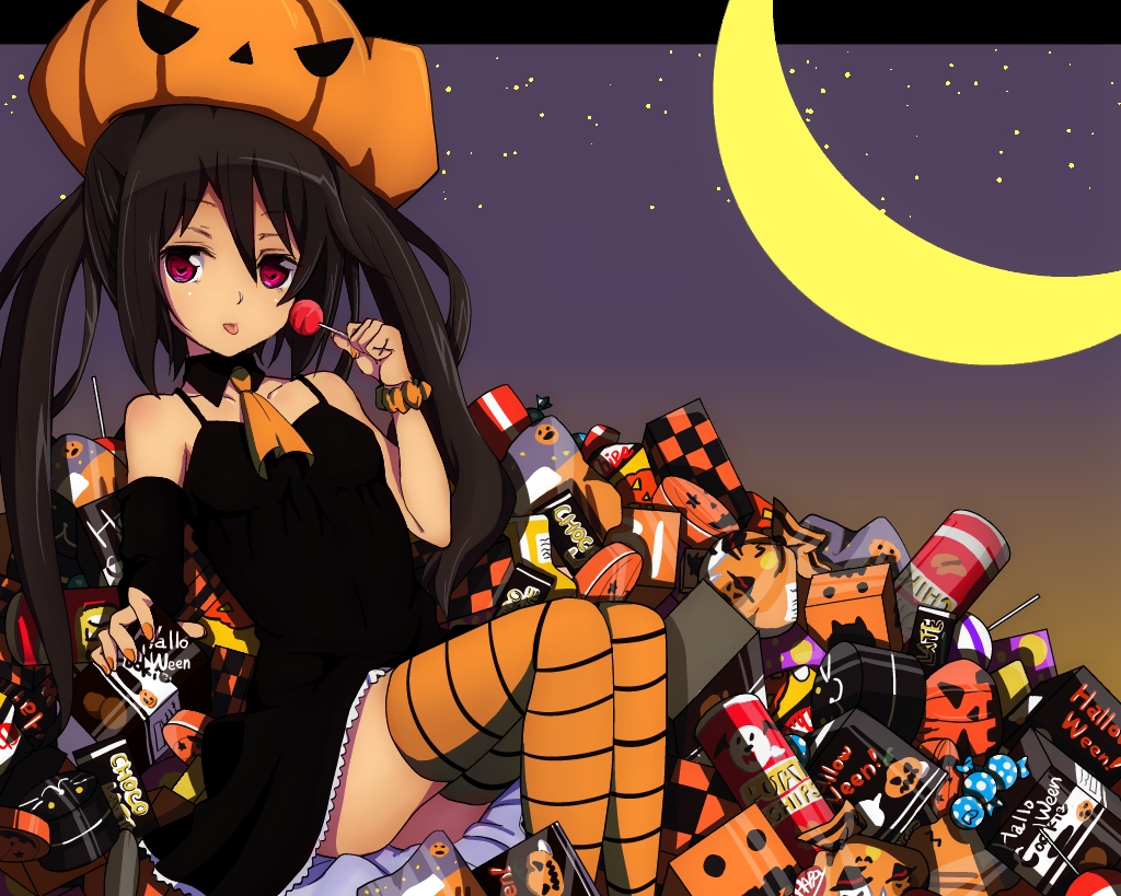 :p amano_(els573) ascot black_hair candy collarbone cookie dress elbow_gloves food gloves halloween hat lollipop long_hair moon note-chan orange_legwear original pumpkin pumpkin_hat purple_eyes single_elbow_glove single_glove sitting solo star_(sky) striped striped_legwear striped_thighhighs sweets thigh-highs thighhighs tongue twintails violet_eyes