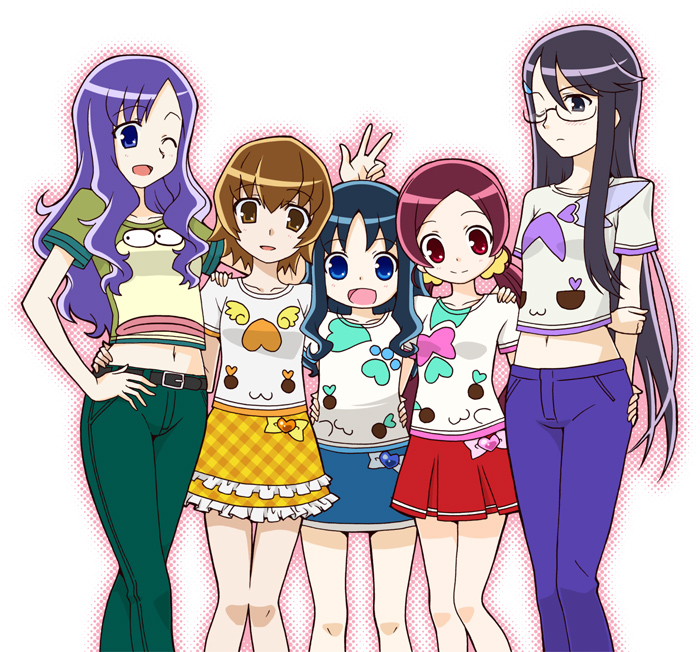 arm_behind_back belt blue_eyes blue_hair brown_eyes brown_hair chypre_(heartcatch_precure!) coffret coffret_(heartcatch_precure!) cologne_(heartcatch_precure!) cologne_(precure) coupe frown glasses hair_ornament hairpin hanasaki_tsubomi hand_on_hip happy heart heartcatch_precure! hips kurumi_erika kurumi_momoka long_hair midriff multiple_girls myoudouin_itsuki navel pants payot potpourri_(heartcatch_precure!) potpourri_(precure) precure purple_hair red_hair redhead ribbon shirt short_hair shypre simple_background skirt smile tsukikage_yuri twintails v wink yuuma_(artist)