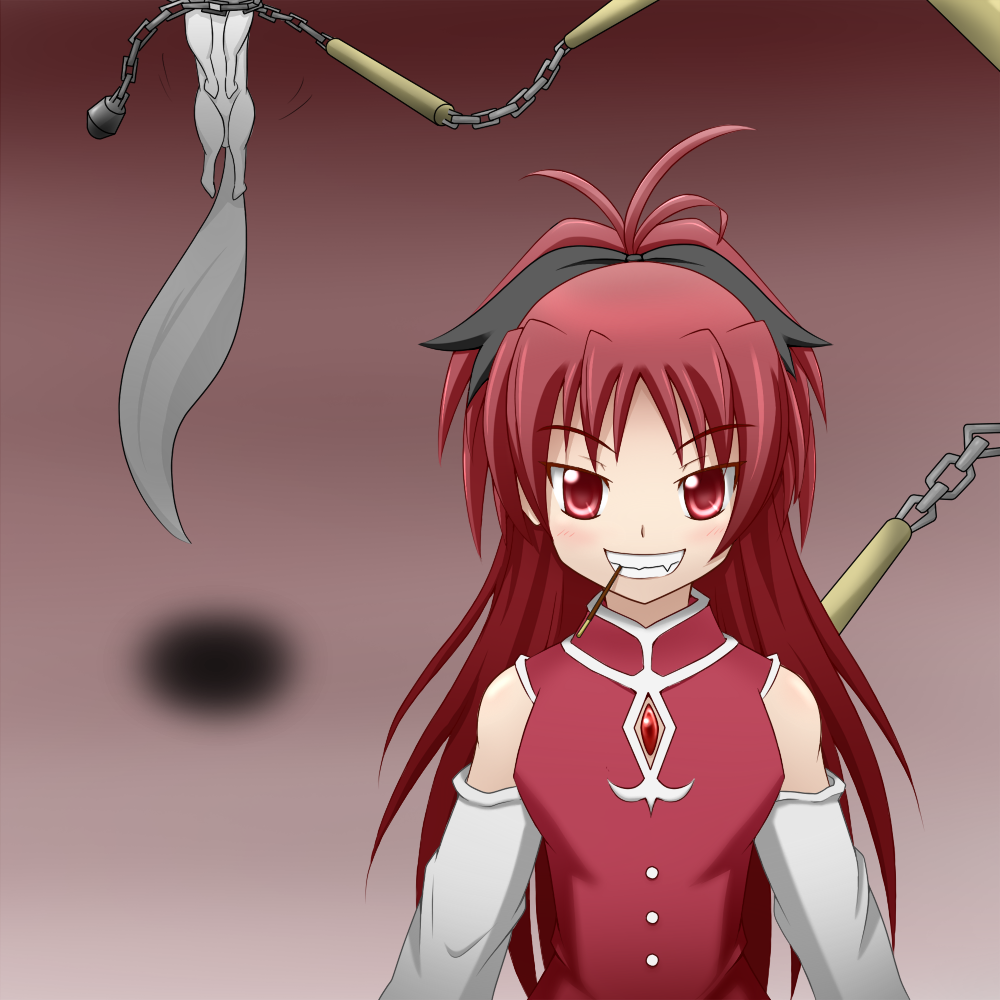 detached_sleeves hair_bow kyubey kyuubee mahou_shoujo_madoka_magica pocky polearm ponytail red_eyes red_hair redhead sakura_kyouko weapon xyasux