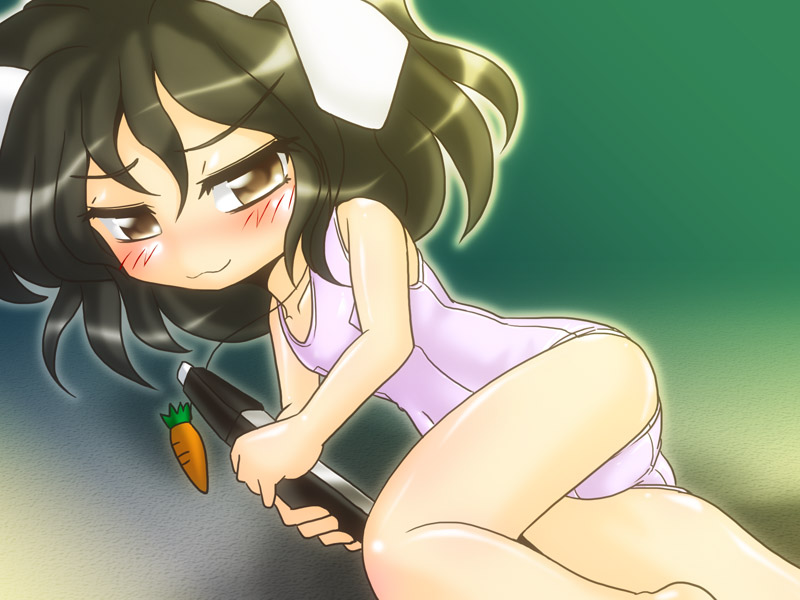 :3 bare_shoulders black_hair blush brown_eyes carrot chibi electric_wind_instrument inaba_tewi instrument jewelry necklace school_swimsuit short_hair solo swimsuit touhou white_school_swimsuit winn