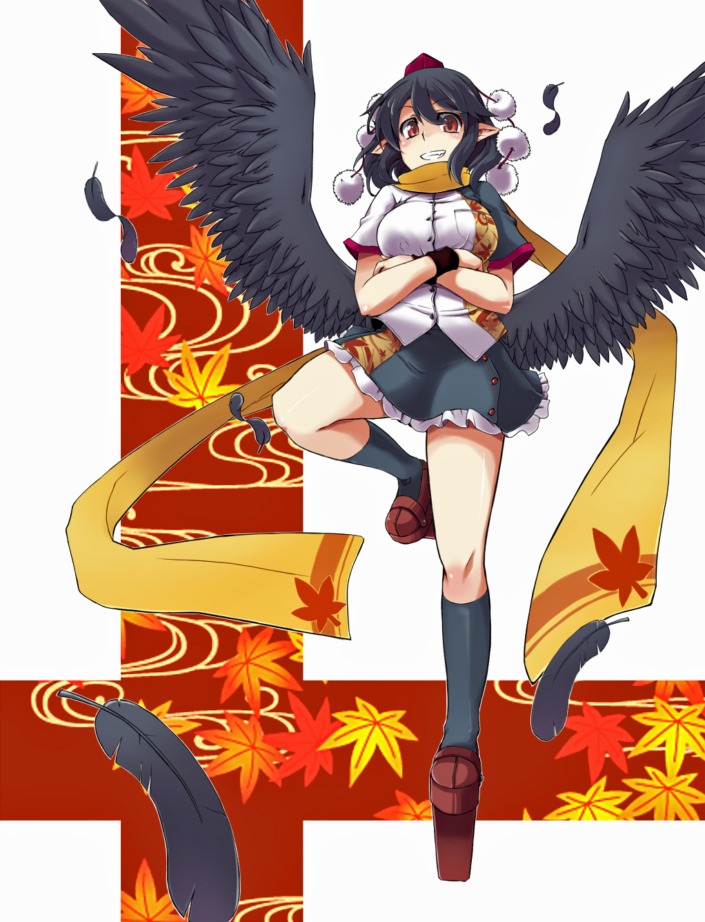 black_hair black_kneehighs black_legwear black_wings feathers geta hat highres kneehighs ooike_teru pointy_ears red_eyes scarf shameimaru_aya short_hair solo standing_on_one_leg tengu-geta tokin_hat touhou wings