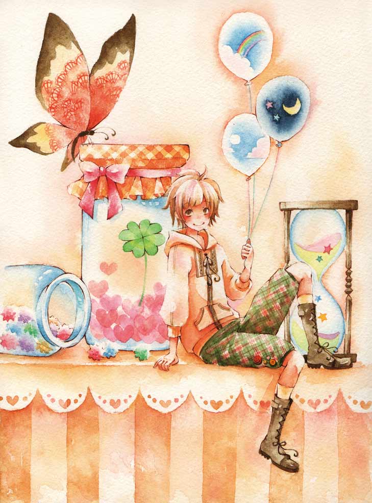 balloon boots bottle butterfly clover four-leaf_clover heart hourglass iinuma_chika male miniboy original short_hair shorts sitting smile solo