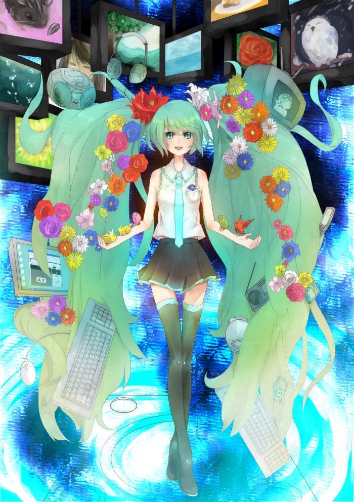 bird boots chick computer_keyboard computer_mouse digital_media_player flower hair_flower hair_ornament hatsune_miku headphones ipod long_hair mishia monitor necktie photo_(object) picture skirt thigh-highs thigh_boots thighhighs twintails very_long_hair vocaloid