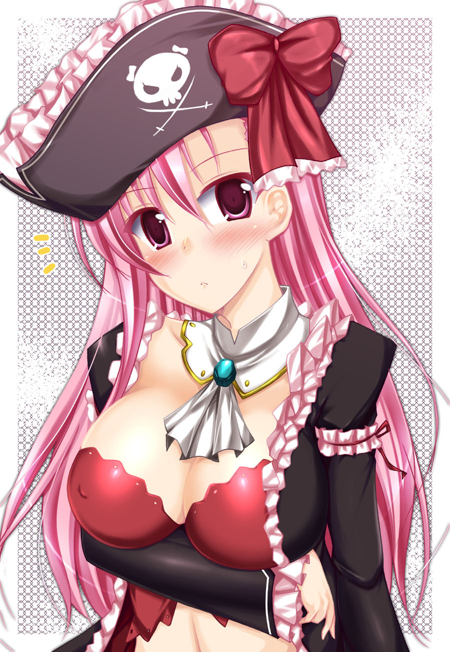 :&lt; ascot blush bow breast_hold breasts bustier captain_liliana cleavage colored_eyelashes frills hat hat_bow highres jolly_roger large_breasts lingerie long_hair long_sleeves midriff navel pink_eyes pink_hair pirate pirate_hat purple_eyes queen's_blade queen's_blade_rebellion queen's_blade queen's_blade_rebellion ribbon skull_and_crossbones skull_and_crossed_swords solo uminchu underwear very_long_hair