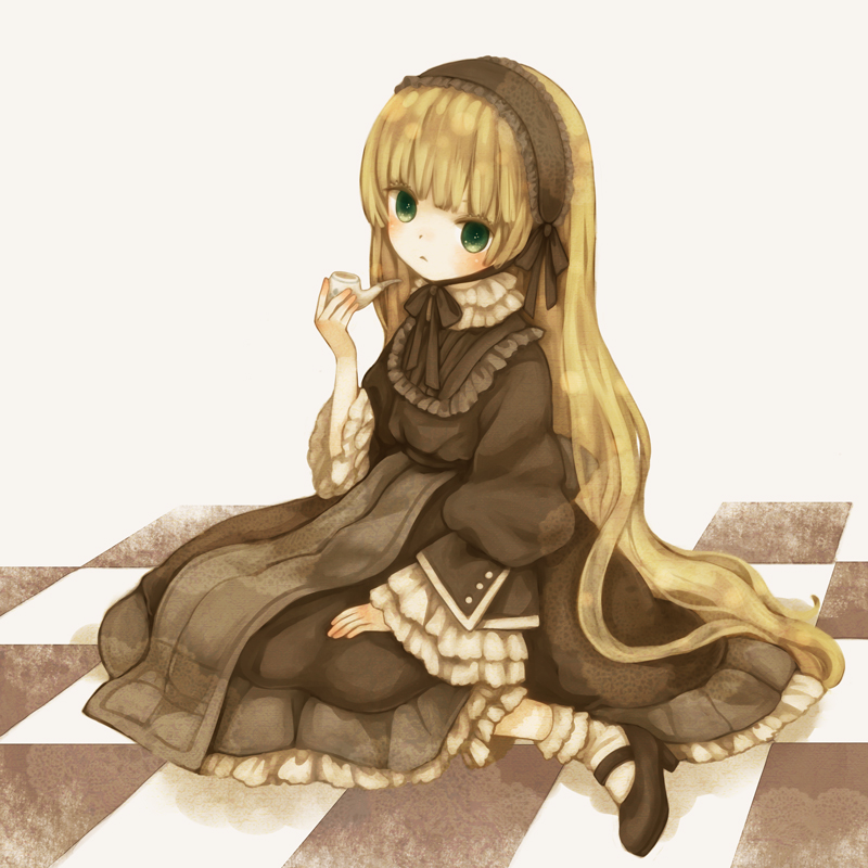 blonde_hair checkered checkered_floor gosick gothic_lolita green_eyes lolita_fashion long_hair mizutamako on_floor pipe sitting solo very_long_hair victorica_de_blois victorique_de_broix