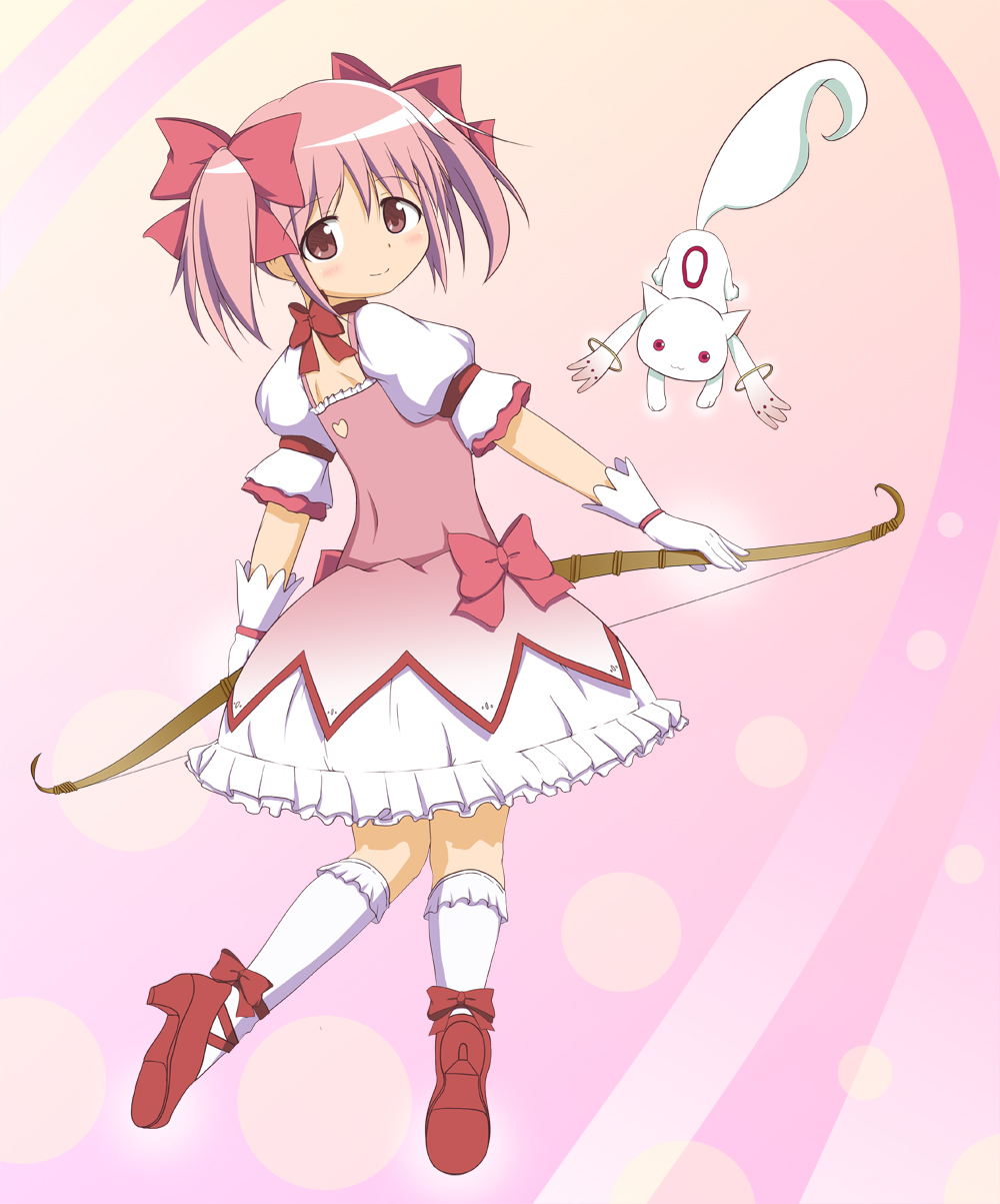 blush brown_eyes choker from_behind gloves hair_ribbon hair_ribbons highres kaname_madoka kneehighs kyubey kyuubee looking_back mahou_shoujo_madoka_magica mary_janes pink_eyes pink_hair red_ribbon ribbon short_hair smile takamin_apaman twintails weapon white_gloves white_kneehighs white_legwear