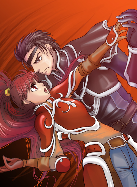 armor belt black_eyes black_hair couple eyepatch fire_emblem fire_emblem:_akatsuki_no_megami fire_emblem:_souen_no_kiseki frown gloves haar jill jill_fizzart long_hair pants parody pauldron pauldrons ponytail red_eyes red_hair redhead ruru_(pixiv179244) shikkoku_no_sharnoth shirt simple_background surprised