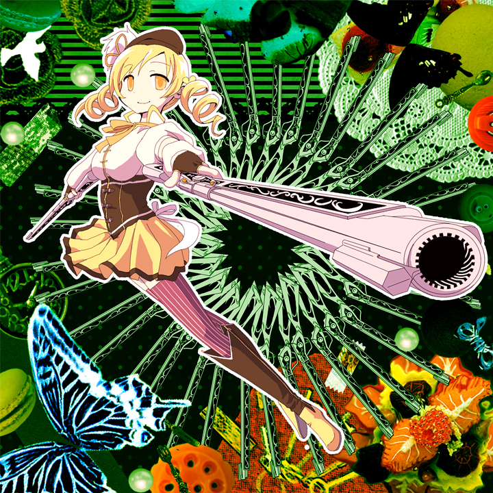 aiming_at_viewer beret bird blonde_hair boots breasts brown_legwear butterfly corset detached_sleeves dove drill_hair dual_wielding fingerless_gloves foreshortening gloves gun hair_ornament hairpin hat large_breasts magical_girl magical_musket mahou_shoujo_madoka_magica pleated_skirt pov_aiming puffy_sleeves ribbon rifle skirt solo taut_shirt thigh-highs thighhighs tokiba tomoe_mami twin_drills vertical-striped_legwear vertical_stripes weapon witch's_labyrinth yellow_eyes zettai_ryouiki