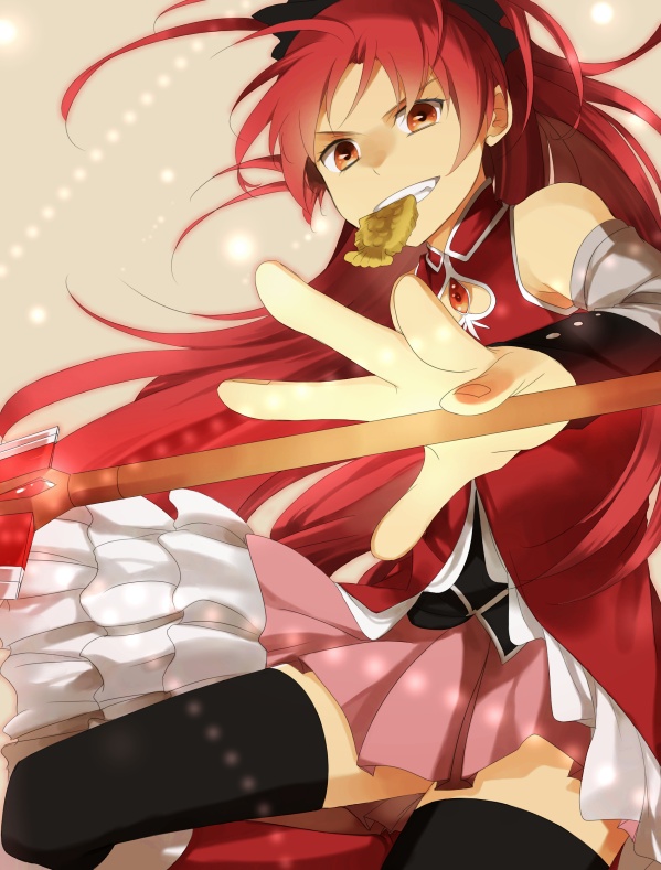 bad_id bare_shoulders bow eating food hair_bow long_hair magical_girl mahou_shoujo_madoka_magica polearm ponytail red_eyes red_hair redhead sakura_kyouko skirt solo taiyaki thigh-highs thighhighs una wagashi weapon