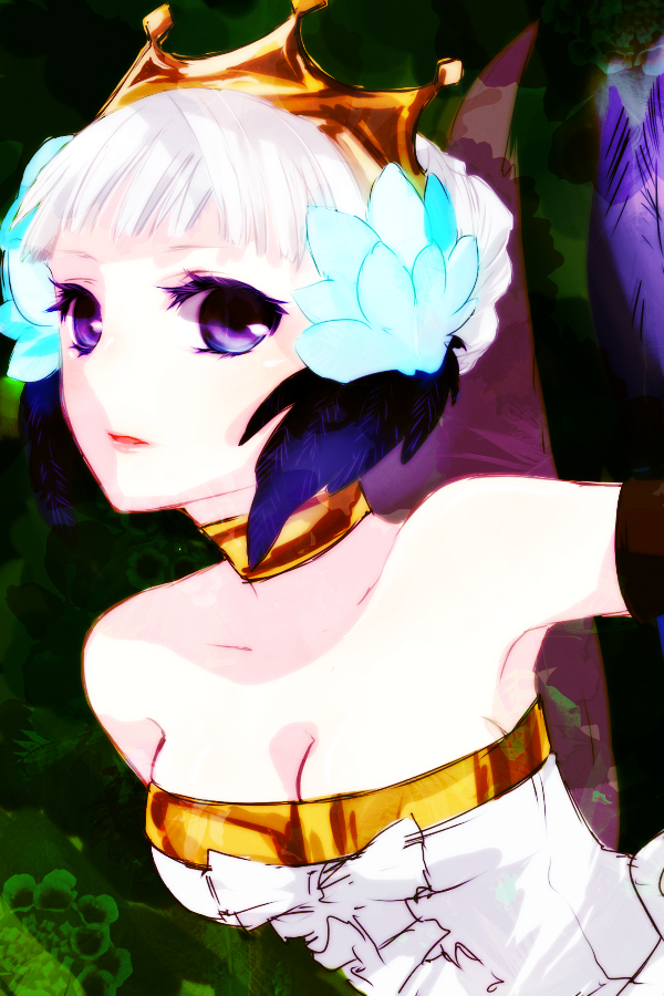 breasts choker cleavage crown feathers gwendolyn hair_feathers ichimatsu_shiro odin_sphere purple_eyes solo violet_eyes white_hair