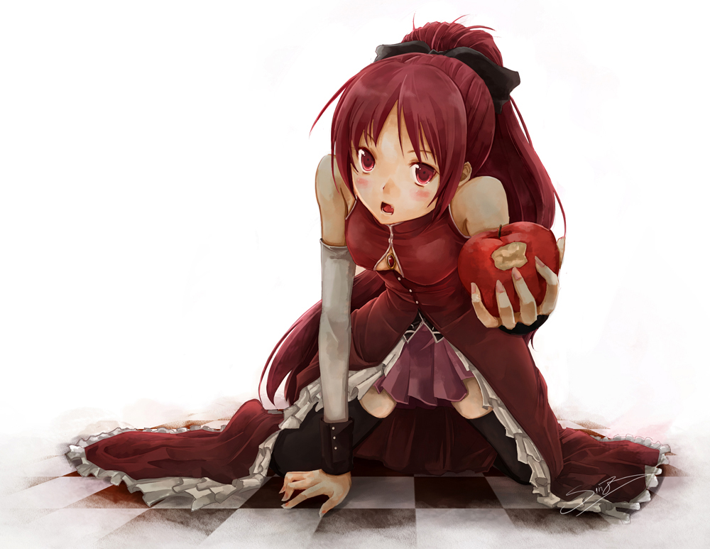 apple arm_support bare_shoulders bow checkered checkered_floor detached_sleeves food fruit hair_bow holding holding_apple holding_fruit jewelry kneeling magical_girl mahou_shoujo_madoka_magica open_mouth pendant ponytail red_eyes red_hair redhead sakura_kyouko signature sinzire solo thigh-highs thighhighs