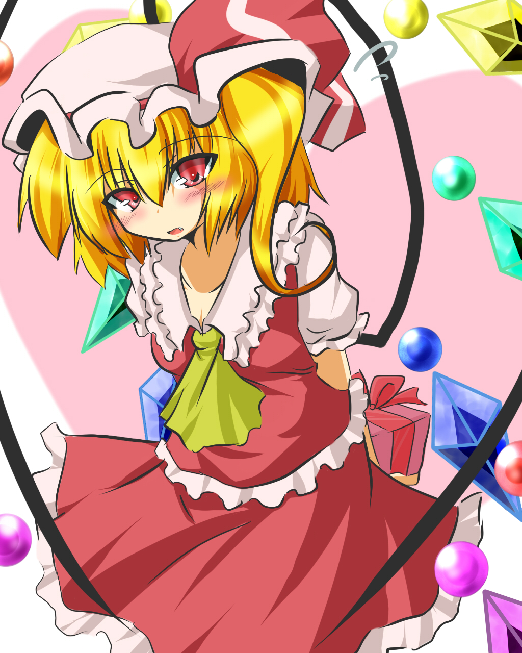 bad_id blonde_hair blush bow crystal dress fang flandre_scarlet gift gomasamune hair_bow hat highres open_mouth red_eyes short_hair shy side_ponytail solo sphere the_embodiment_of_scarlet_devil thigh-highs thighhighs touhou wings