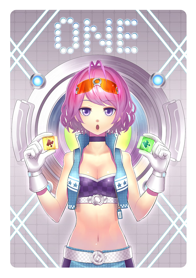 :o antenna_hair belt bolero breasts bustier checkered choker cleavage cropped_jacket cube glasses gloves head k+ lingerie midriff navel original purple_eyes purple_hair safety_glasses short_hair solo underwear zipper