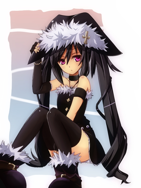 armband black_hair black_legwear black_thighhighs choker collarbone cross dress fingerless_gloves fur_trim gloves hat long_hair note-chan original purple_eyes rosary single_elbow_glove single_glove sitting solo strapless_dress thigh-highs thighhighs twintails very_long_hair violet_eyes zettai_ryouiki