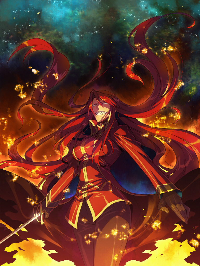 breasts carmen carmen_(pixiv_fantasia) constricted_pupils embers fire floating_hair gloves grin kyousaku large_breasts long_hair looking_down pants pixiv_fantasia pixiv_fantasia_5 rapier red_hair redhead sharp_teeth smile solo sword trigard_empire trousers weapon
