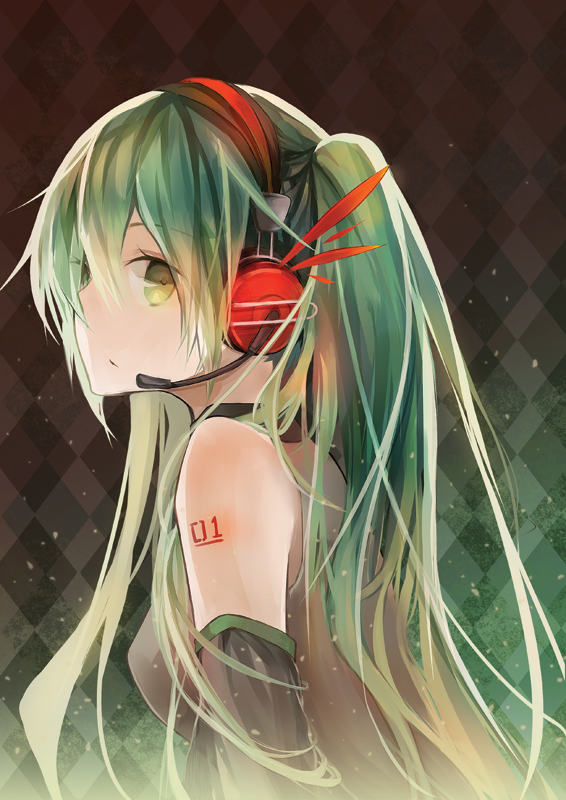 detached_sleeves green_eyes green_hair hatsune_miku headphones headset long_hair profile solo vocaloid yalicuo