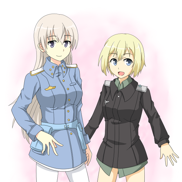 blue_eyes eila_ilmatar_juutilainen erica_hartmann grey_eyes keruto long_hair military military_uniform pantyhose short_hair silver_hair strike_witches uniform white_legwear white_pantyhose