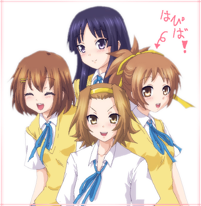 black_eyes black_hair brown_eyes brown_hair closed_eyes eyes_closed hayashiya_zangourou hayashiya_zankurou hirasawa_ui hirasawa_yui k-on! long_hair ponytail school_uniform short_hair sweater_vest tainaka_ritsu