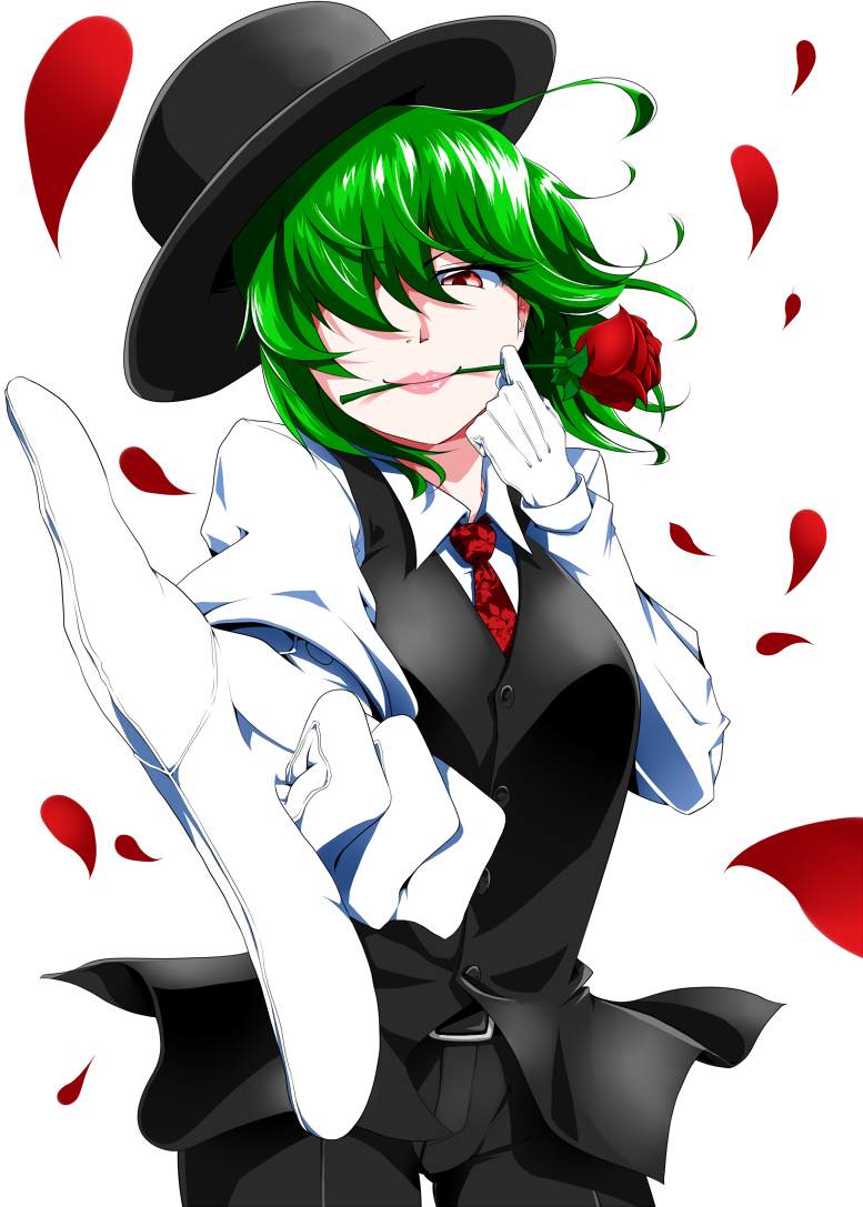 dress_shirt flower flower_in_mouth foreshortening formal gloves green_hair hair_over_one_eye hat kazami_yuuka lips lipstick makeup mattari_yufi miraisen mouth_hold necktie pant_suit pantyhose petals pointing red_eyes red_rose rose rose_petals shirt short_hair simple_background solo suit touhou vest white_background white_gloves youkai