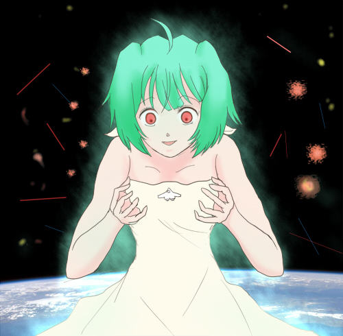 ahoge bare_shoulders battle biruberu end_of_evangelion explosion glowing green_hair laser lowres macross macross_frontier neon_genesis_evangelion parody planet ranka_lee red_eyes short_hair smile space spoilers vf-25