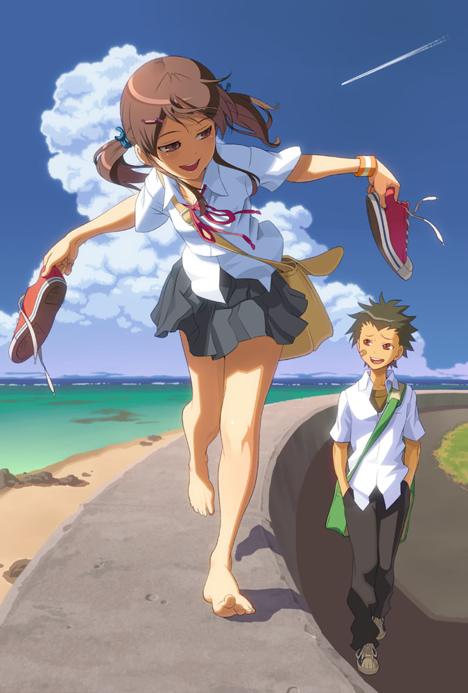 1girl aoi_sora_(pairan) bag bandaid barefoot beach blue_sky brown_eyes brown_hair cloud condensation_trail contrail dress_shirt face feet hands_in_pockets holding holding_shoes ocean original outstretched_arms pairan pants pleated_skirt red_eyes school_uniform serafuku shirt shoes shoes_removed short_twintails skirt sky smile sneakers teeth toe-point toes twintails walking wallwalking wristband