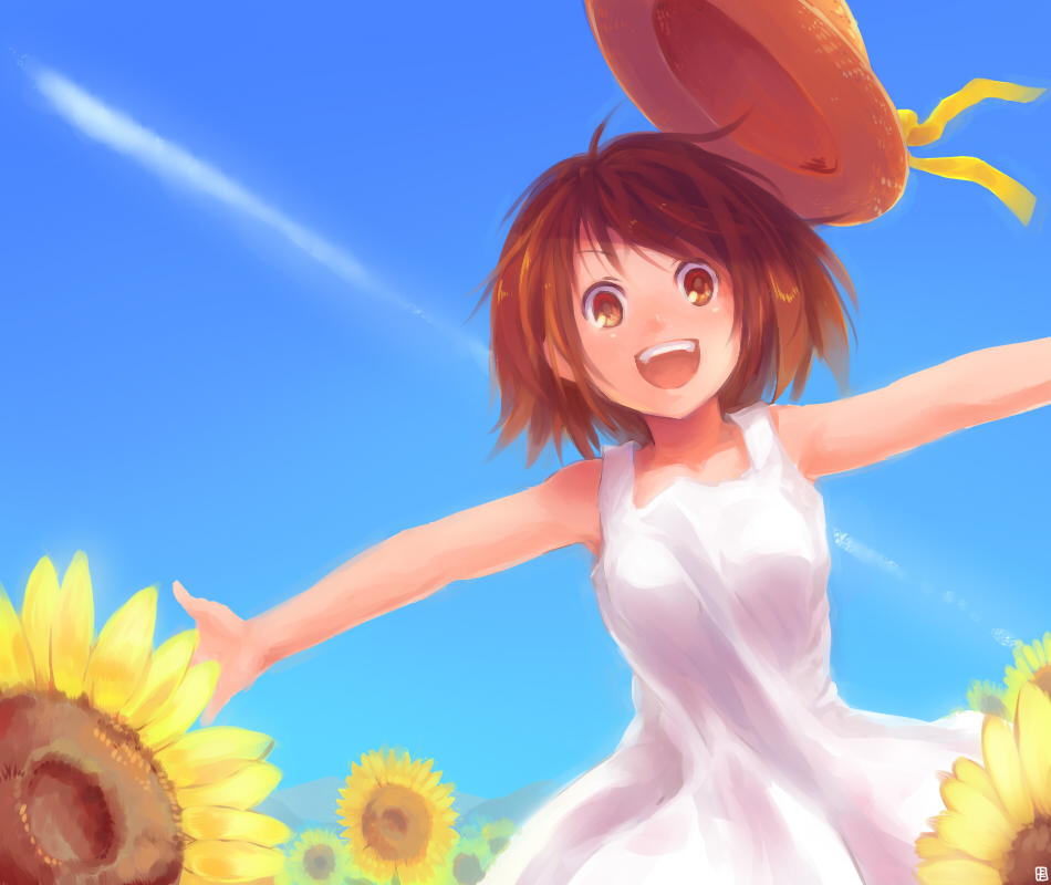 a-ka brown_eyes brown_hair dress face flower happy hat open_mouth outstretched_arms short_hair smile spread_arms sundress sunflower suzumiya_haruhi suzumiya_haruhi_no_yuuutsu