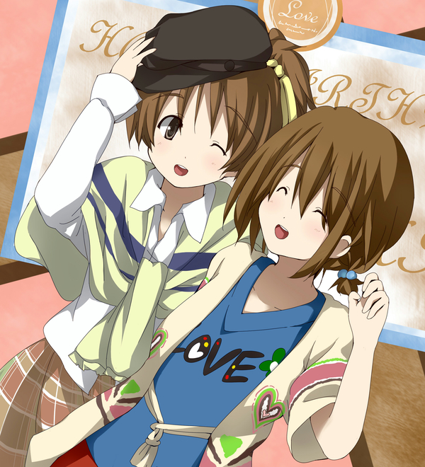 brown_eyes brown_hair casual closed_eyes eyes_closed hat hirasawa_ui hirasawa_yui joney k-on! ponytail short_hair siblings sisters wink