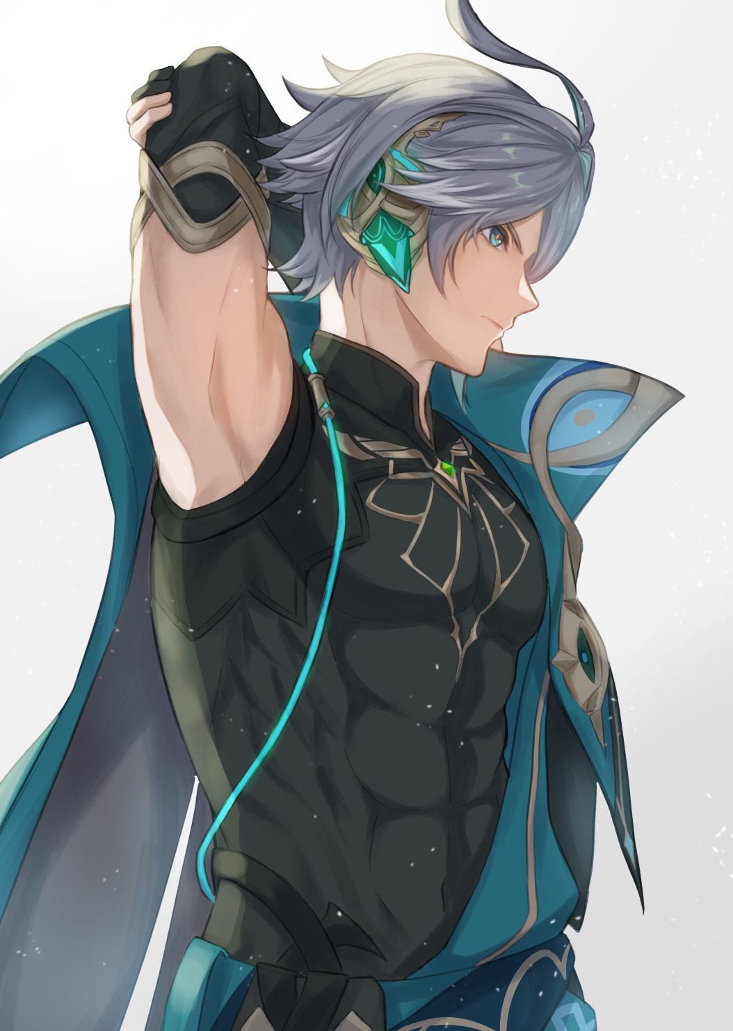 1boy abs ahoge alhaitham_(genshin_impact) arms_up bangs black_gloves black_shirt cable cape closed_mouth commentary_request compression_shirt covered_abs covered_navel elbow_gloves gem genshin_impact gloves gold_trim green_cape green_eyes grey_hair highres light_particles looking_away male_focus parted_bangs partially_fingerless_gloves profile serious shirt short_hair shoulder_cape sidelocks simple_background sleeveless sleeveless_shirt solo swept_bangs u2_(yuniu222) upper_body white_background