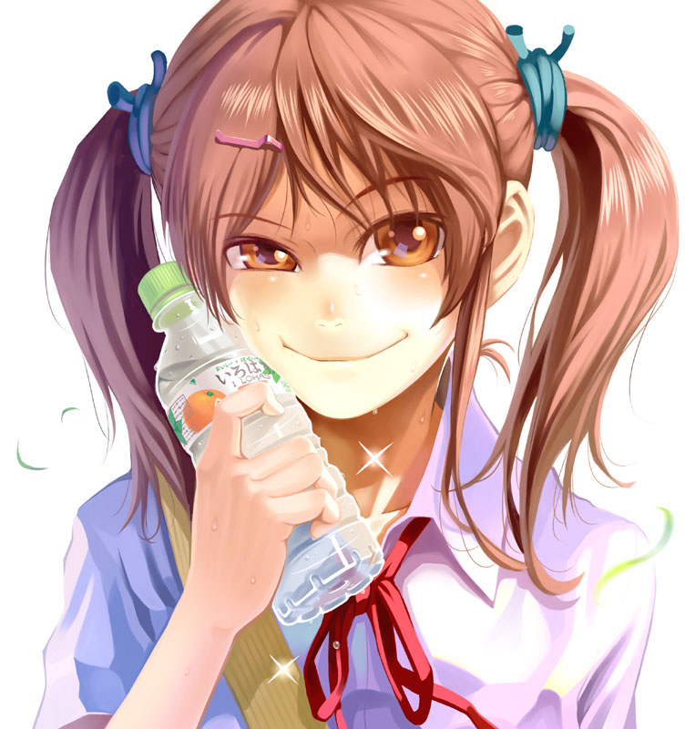 aoi_sora_(pairan) bottle brown_eyes brown_hair bust face hair_ornament hairclip original pairan shirt simple_background smirk solo sparkle sweat twintails water_bottle