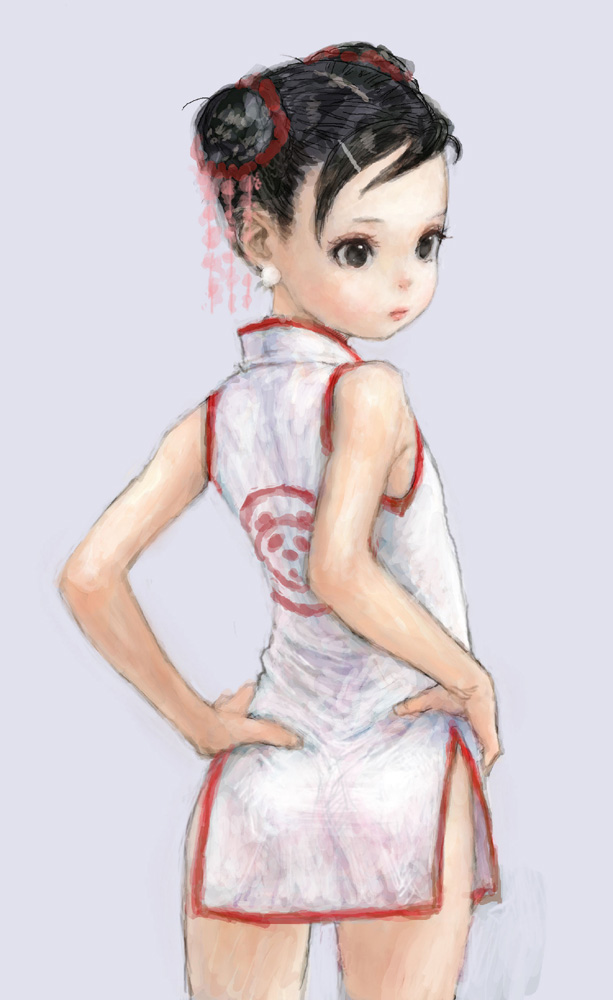 black_eyes black_hair child china_dress chinese_clothes double_bun earrings face hands hands_on_hips jewelry original pon short_hair solo