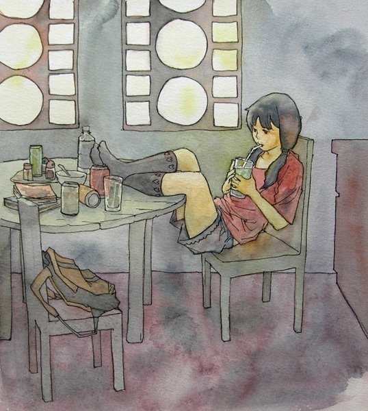 bag black_hair black_kneehighs black_legwear bottle can chair drinking feet_on_table glass indoors kneehighs long_hair looking_away no_shoes original shorts sitting solo straw t-shirt table taxi_(artist) traditional_media twintails water_bottle watercolor_(medium)
