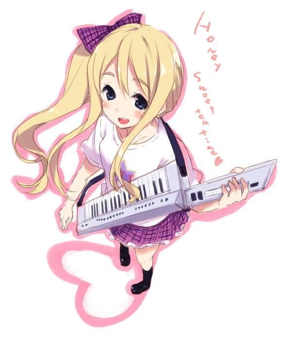 1girl alternate_hairstyle blonde_hair blue_eyes blush clothes_writing clothing_writing foreshortening from_above hamayumiba_sou instrument k-on! keytar kotobuki_tsumugi long_hair side_ponytail skirt solo t-shirt