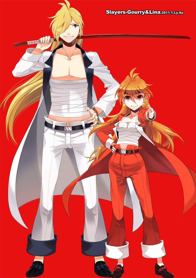 ahoge banchou belt blonde_hair blue_eyes bokken character_name coat dated earrings gourry_gabriev grin hair_over_one_eye hand_on_hip height_difference hips impossible_clothes impossible_clothing jewelry lina_inverse long_hair lyxu no_socks orange_hair pants red_background red_eyes sarashi shoes size_difference slayers smile sword weapon wooden_sword