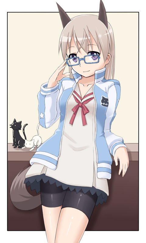 animal_ears aoi_(houkago_no_pleiades) aoi_(houkago_no_pleiades)_(cosplay) bespectacled bike_shorts blonde_hair cosplay crossover eila_ilmatar_juutilainen fox_ears fox_tail glasses houkago_no_pleiades komakedara long_hair oohashi_ayuru purple_eyes seiyuu_connection seiyuu_joke solo strike_witches tail violet_eyes