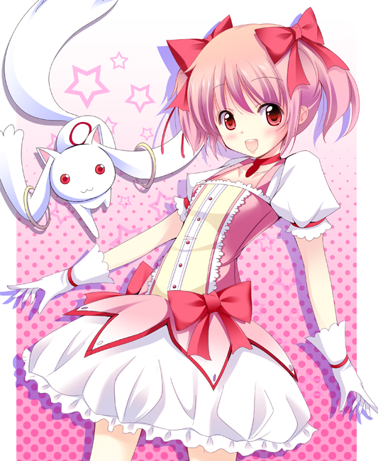 bow bows bubble_skirt gloves kaname_madoka kyubey kyuubee magical_girl mahou_shoujo_madoka_magica okazaki_mitsuki open_mouth pink_hair red_eyes short_hair smile twintails white_gloves