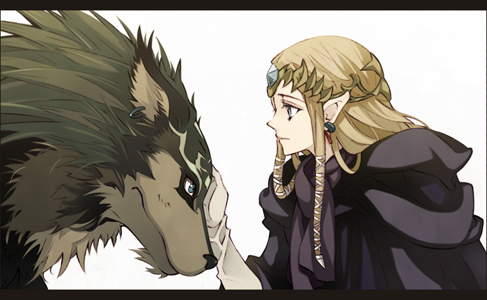 blue_eyes brown_hair earrings elf gloves jewelry kame_tora link link_(wolf) long_hair nintendo pointy_ears princess_zelda robe the_legend_of_zelda twilight_princess wolf