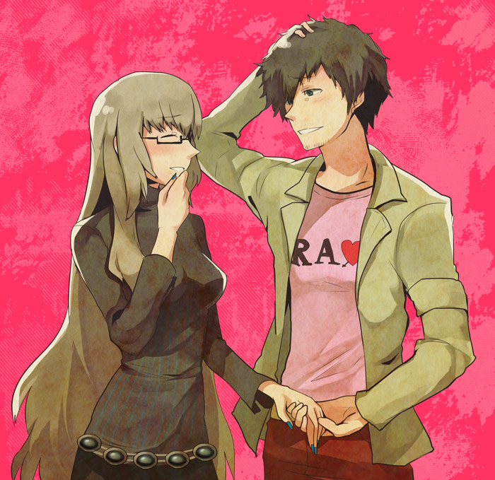 1girl brown_hair catherine_(game) closed_eyes couple eyes_closed glasses hand_holding holding_hands ishiwari jacket katherine_(catherine) katherine_mcbride long_hair smile very_long_hair vincent_(catherine) vincent_brooks wari