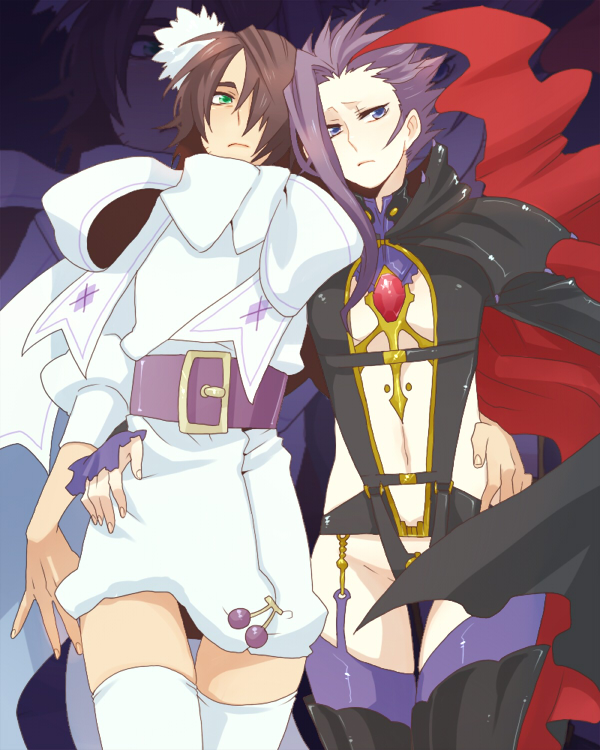 belt blue_eyes boots brown_hair cosplay crossdressinging gucha_(netsu) macross macross_frontier male multiple_boys purple_hair schwann_oltorain sheryl_nome sheryl_nome_(cosplay) spoilers tales_of_(series) tales_of_vesperia thigh-highs thigh_boots thighhighs yeager