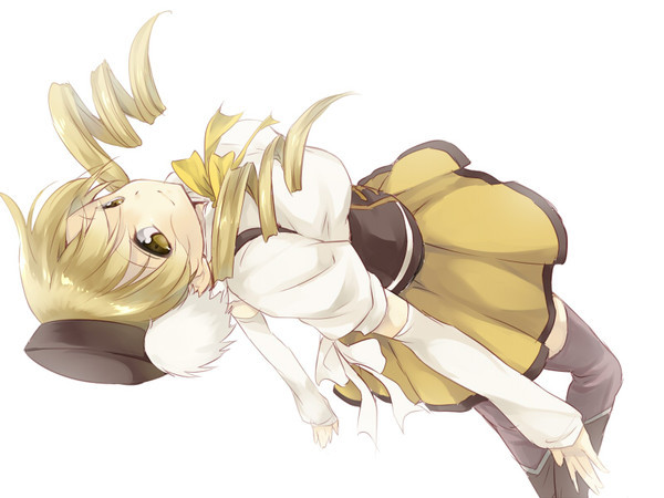 bad_id beret blonde_hair drill_hair floating hat mahou_shoujo_madoka_magica maruki_(punchiki) on_back puffy_sleeves punchiki solo thigh-highs thighhighs tomoe_mami twintails yellow_eyes