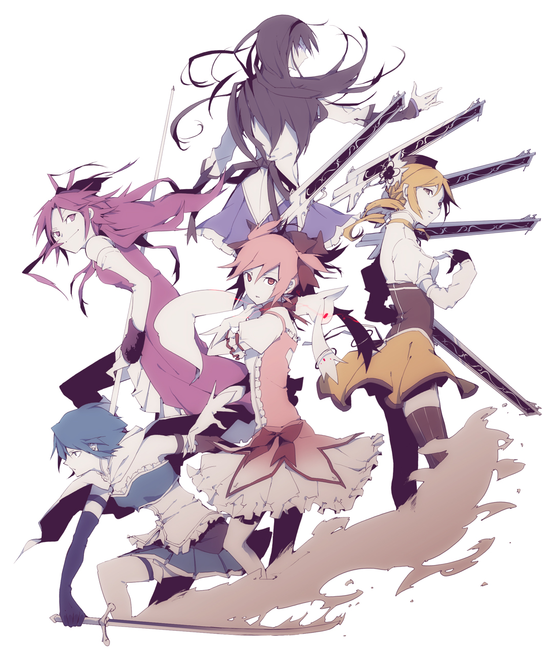 5girls akemi_homura beret black_hair blonde_hair blue_hair brown_legwear corset detached_sleeves drill_hair elbow_gloves everyone fingerless_gloves gloves glowing glowing_eyes gun hair_ornament hairband hairpin hat highres kaname_madoka kyubey kyuubee long_hair looking_back magical_girl magical_musket mahou_shoujo_madoka_magica miki_sayaka multiple_girls muted_color outstretched_arm outstretched_hand pink_eyes pink_hair pleated_skirt polearm puffy_sleeves purple_eyes red_eyes red_hair redhead ribbon rifle sakura_kyouko short_hair short_twintails simple_background skirt smirk sword taut_shirt thigh-highs thighhighs tomoe_mami twin_drills twintails vertical-striped_legwear vertical_stripes violet_eyes weapon zettai_ryouiki
