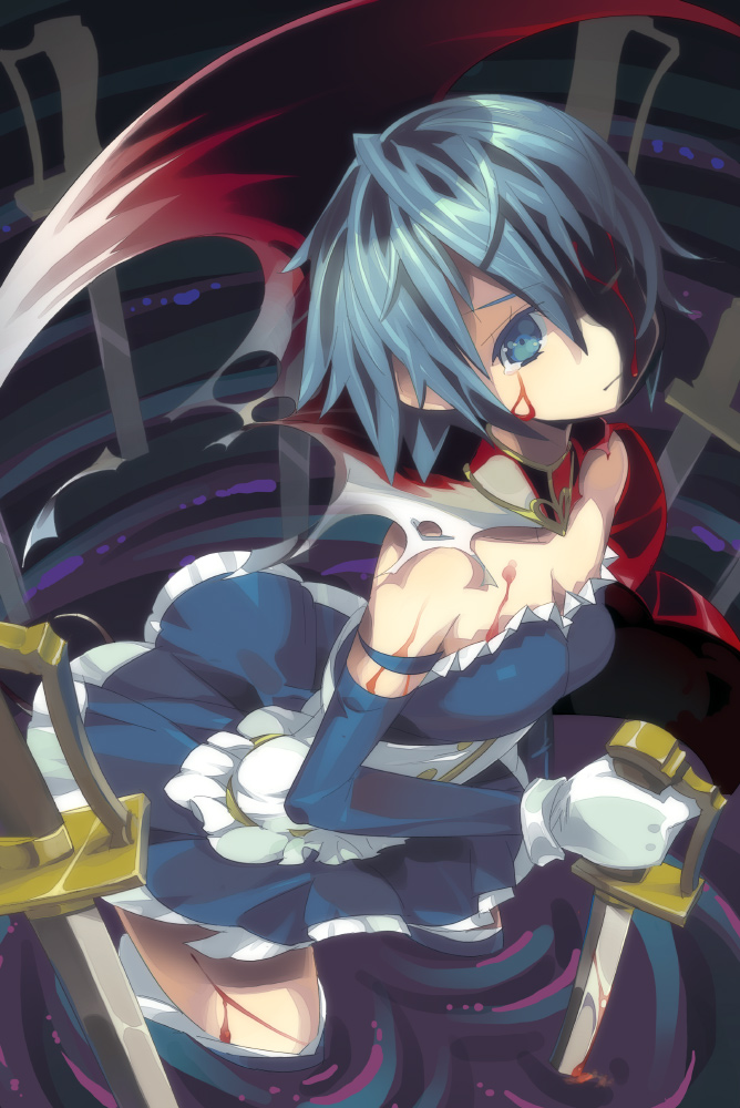 bare_shoulders blood bloody_tears blue_eyes blue_hair cape cuts gloves injury magical_girl mahou_shoujo_madoka_magica miki_sayaka short_hair solo spoilers super_zombie sword tears torn_cape torn_clothes weapon