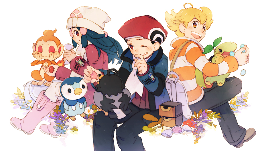 1girl 21grams 2boys ahoge alternate_costume bad_id bag beanie black_hair blonde_hair blue_hair boots candy chimchar coat feeding food hair_ornament hairclip hat hikari_(pokemon) hikari_(pokemon)_(remake) jun_(pokemon) kouki_(pokemon) kouki_(pokemon)_(remake) long_hair multiple_boys open_mouth piplup pokemon pokemon_(creature) pokemon_(game) pokemon_dppt red_eyes scarf short_hair sitting smile starly thigh-highs thighhighs turtwig wink winter_clothes yellow_eyes